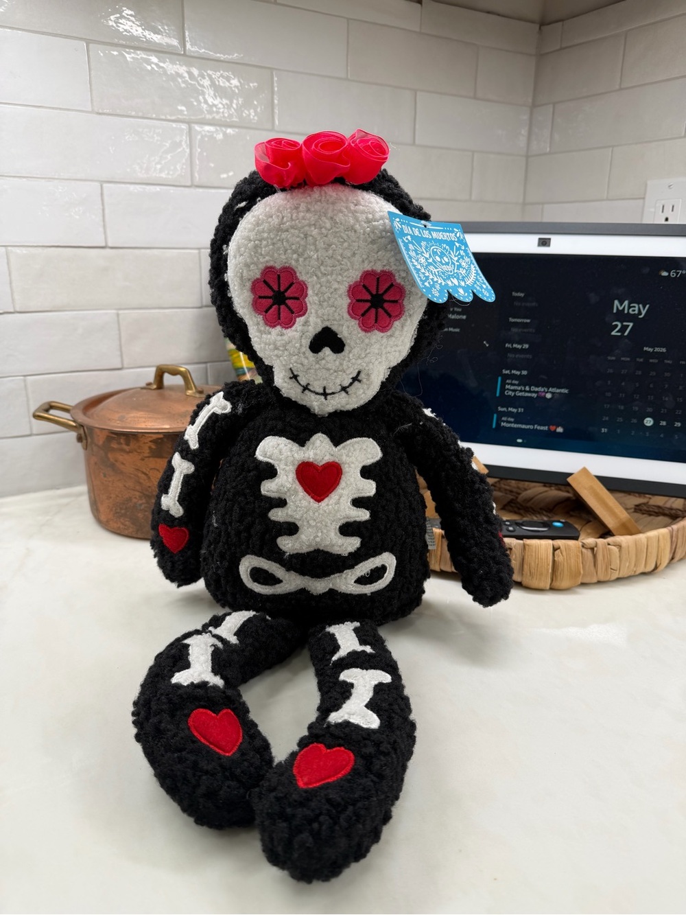 DIA DE LOS MUERTOS Plush Self Sitter Girl Skeleton -  Flower Crown - NWT